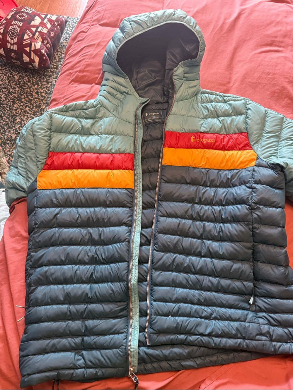 cotopaxi Men's Colorblock Hooded Puffer Jacket in Teal, Red, Yellow, Navy
